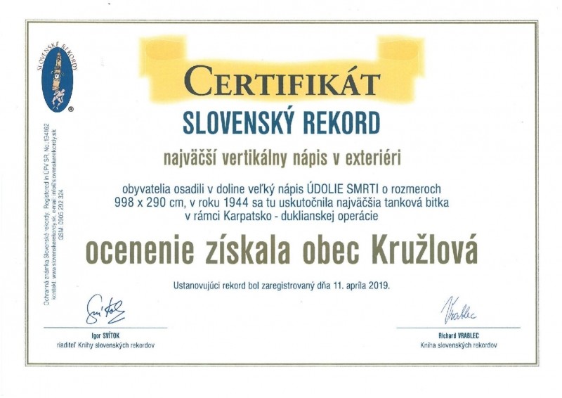  Certifikát obce Kružlová. Zdroj foto: OOCR 