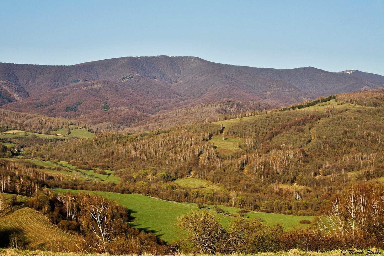 Úsek hlavného karpatského hrebeňa Pľaša – Ďurkovec zachytený z Veľkej Poľany